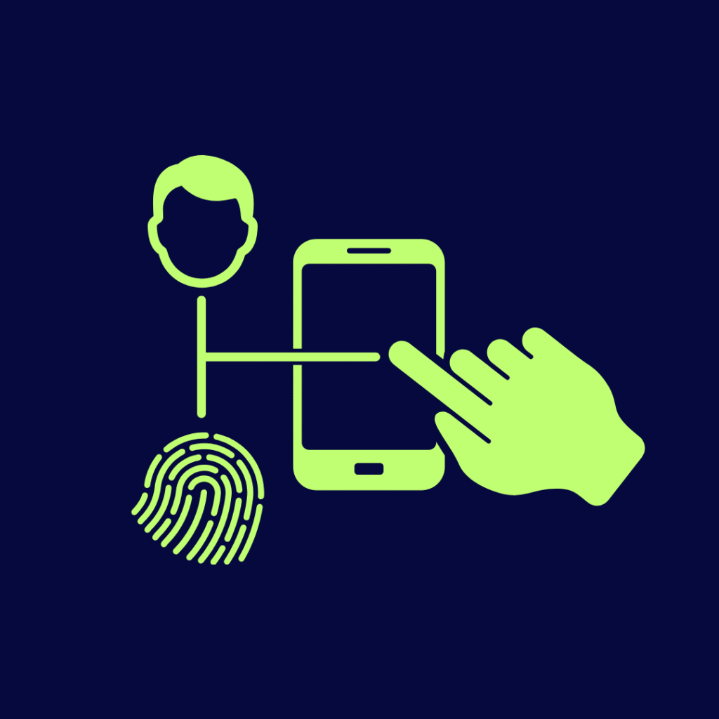 Zugangskontrollsystem. Fingerabdruck. Schüler. Handy-Symbol